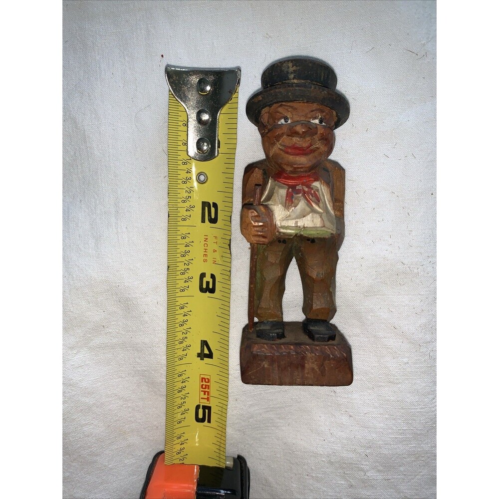 Vintage Hand Carved Wooden Man FolkArt Villager Figurine Top Hat Cane ANRI Style - Picture 3 of 16